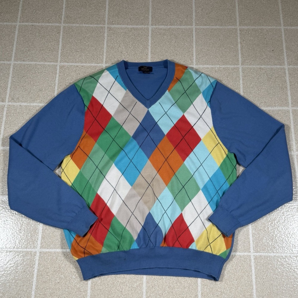 BROOKS BROTHERS Mens Large Blue Argyle Supima Cotton Long Sleeve V-Neck Sweater